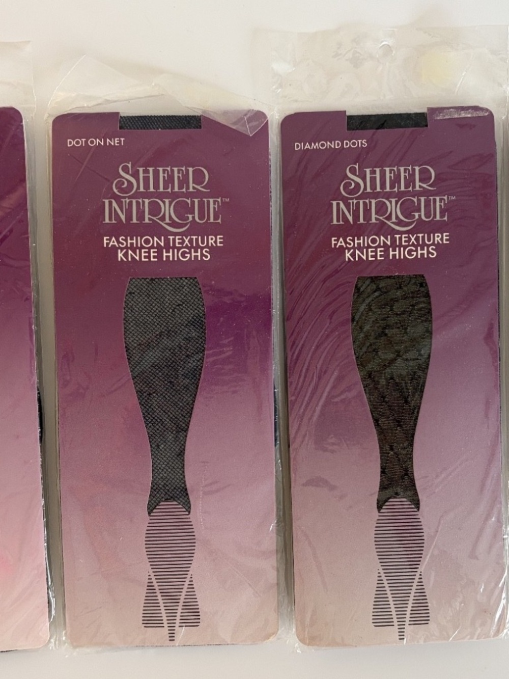 Lot of 4 Sheer Intrigue Fashion Texture Knee Highs Black Sheer Fishnet Patten